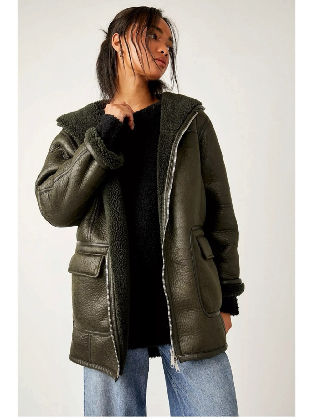Free People Oversized Sherpa Hoodie Miller Vegan Chunky Jacket Coat Size Large - Picture 10 of 16
